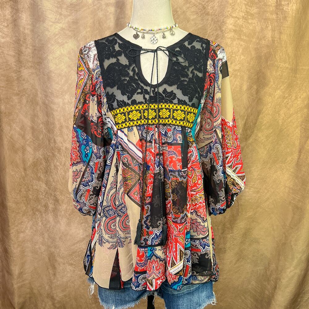 Patchwork Boho Blouse Multicolor Paisley Mesh Chiffon Lace Flowy Puff Sleeve Y2K